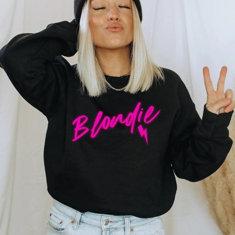NWT "BLONDIE" Black and Neon Pink Pullover Cotton Sweatshirt
